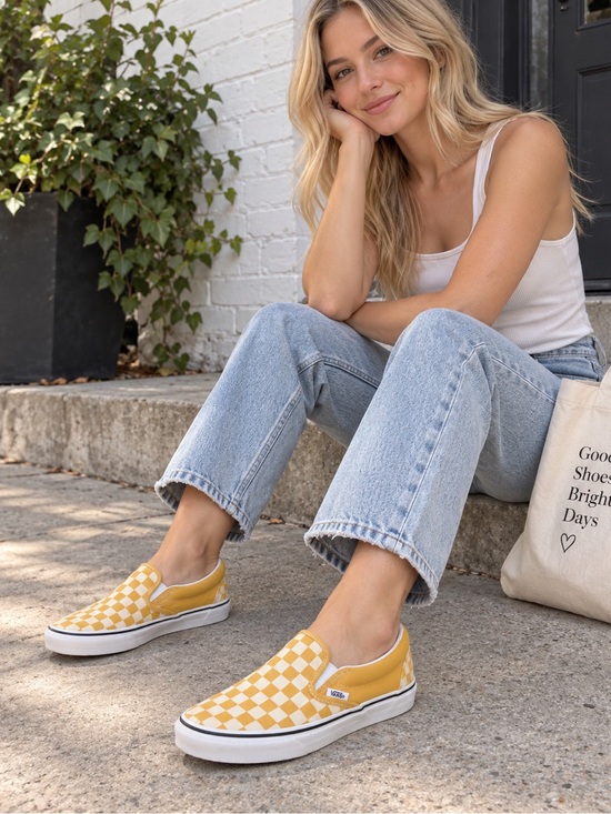 Vans Shoes - Vans Mustard Yellow Checkerboard Classic Slip-On Shoes